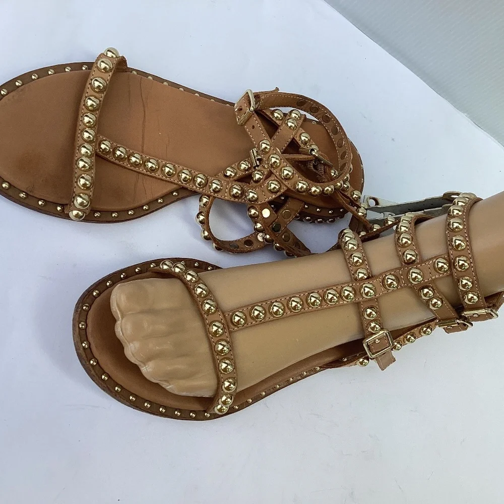 Ash Tan Leather Studded Gladiator Sandals with Gold Studs